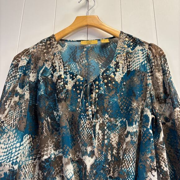 Vintage Valerie Stevens Womens Boho Animal Print Peasant Top Size M Brown Teal - Picture 9 of 9